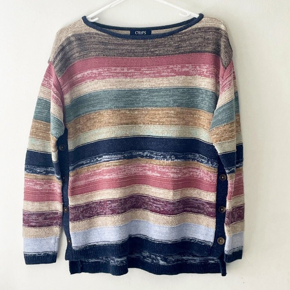 Chaps Women Striped Sweater with Buttons Pink Blue Rainbow Scoop Neck